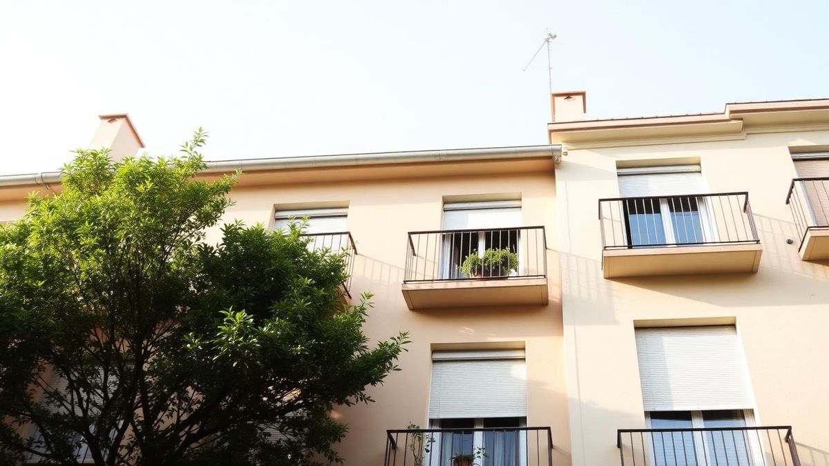 Spanish apartment building with balconies in morning light